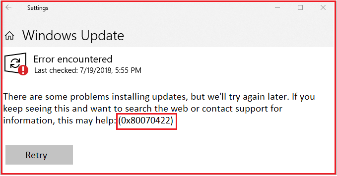 Error Code 0x80070422
