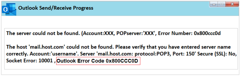 Outlook Error Code 0x800CCC0D