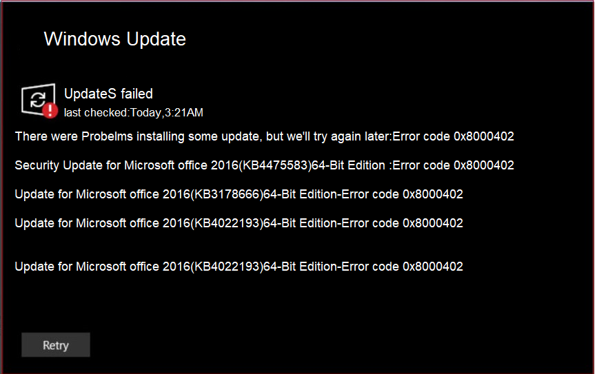 Error code 0x8000402 Error code 0x8000402