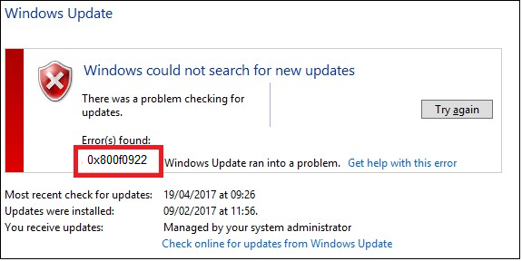 Error code 0x800f0922